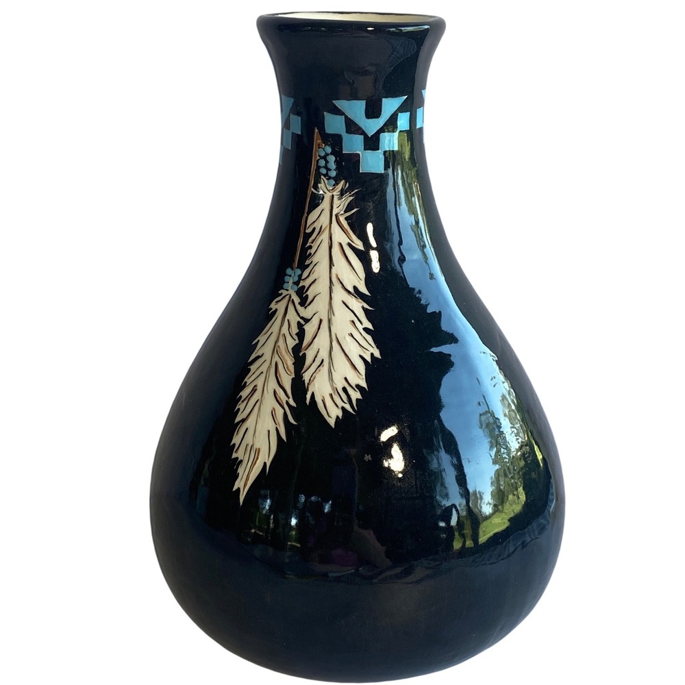 Vintage Native American Pottery Vase Hand Painted Glossy Black Feathers Signed